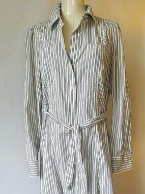 Vintage Banana Republic White and Blue Striped Button-Down Tie-Waist Shirt Dress